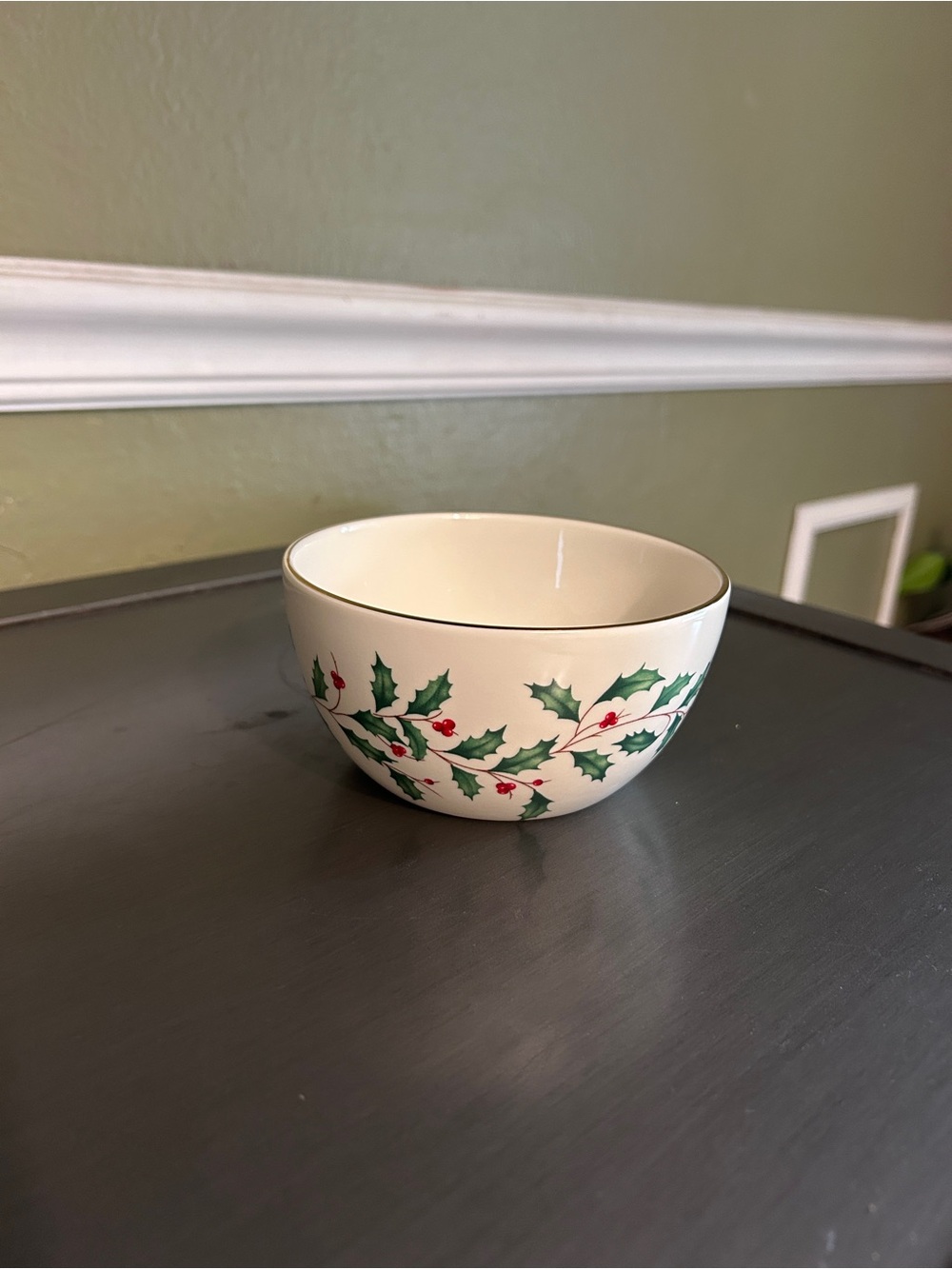 Lenox Holiday Holly Ceramic 5” Bowl - Cream with Green and Red Holly and Berries